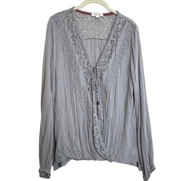 Taylor & Sage Womens Faux Wrap Blouse Large Light Gray Lace Crochet Cottagecore - Picture 1 of 6